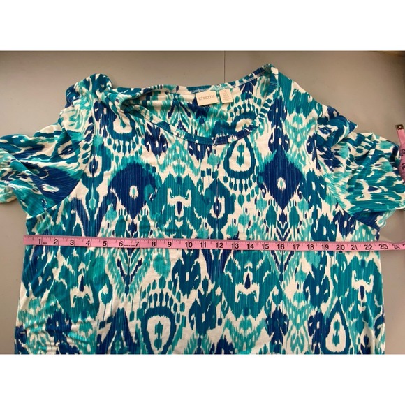 Chico's Top Artful IKAT Asymmetrical Crochet Hem Mysterious Blue Size 3 - Picture 5 of 7